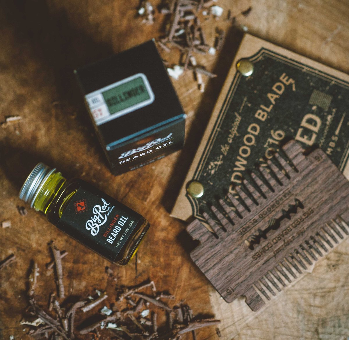 Big Red Beard Oil - Dillinger - Walnut No16 Hardwood Beard Comb on the workbench