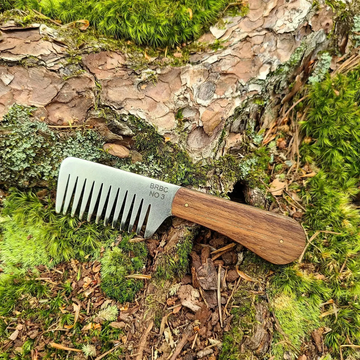 No. 3 stainless steel beard comb with a natural walnut wood handle displayed on mossy tree root