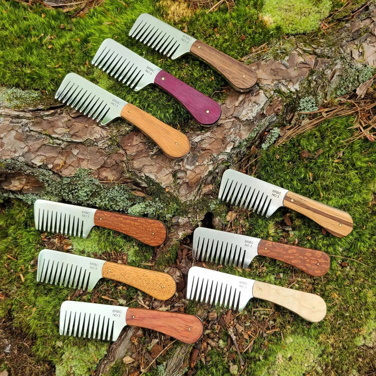 No. 3 stainless steel beard combs with assorted handcrafted wood handles arranged on a moss-covered log