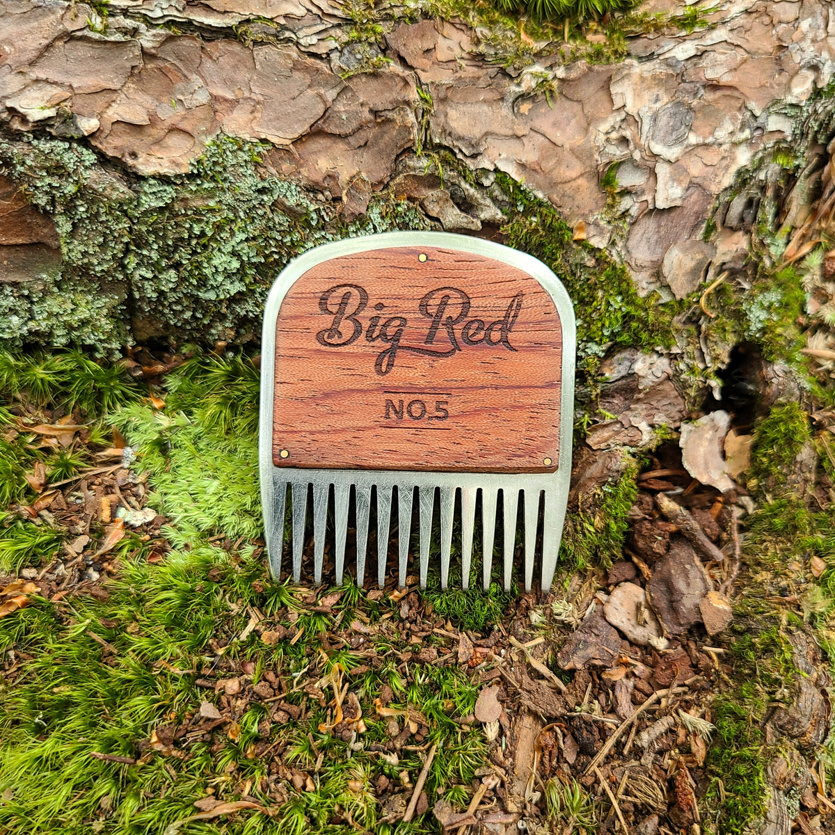No. 5 stainless steel beard comb with a natural bubinga wood handle