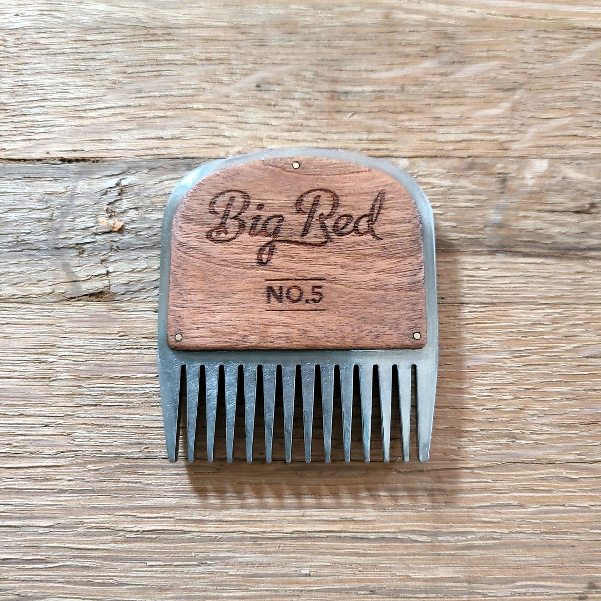 No. 5 stainless steel beard comb with a natural cherry wood handle