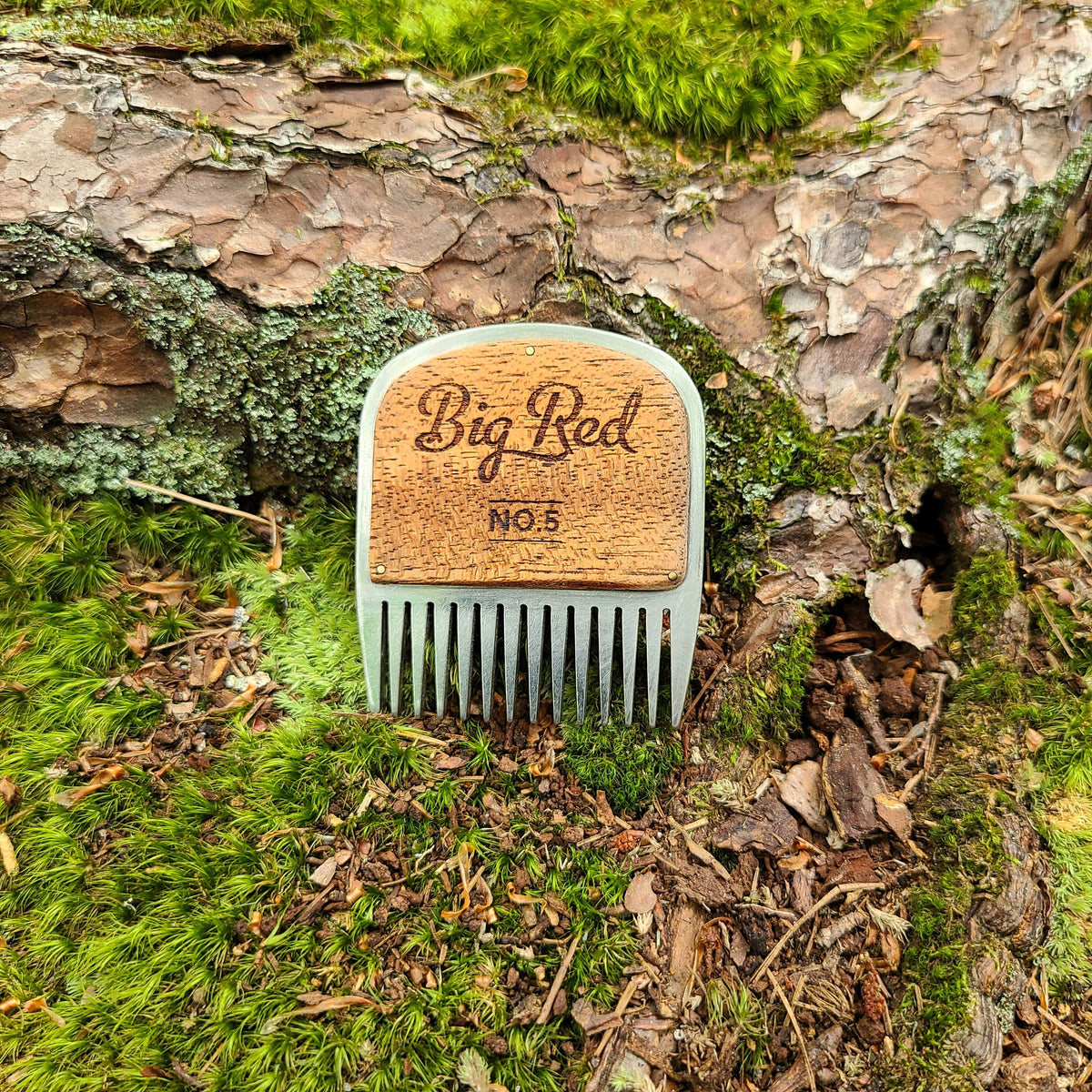 No. 5 stainless steel beard comb with a natural mahogany wood handle