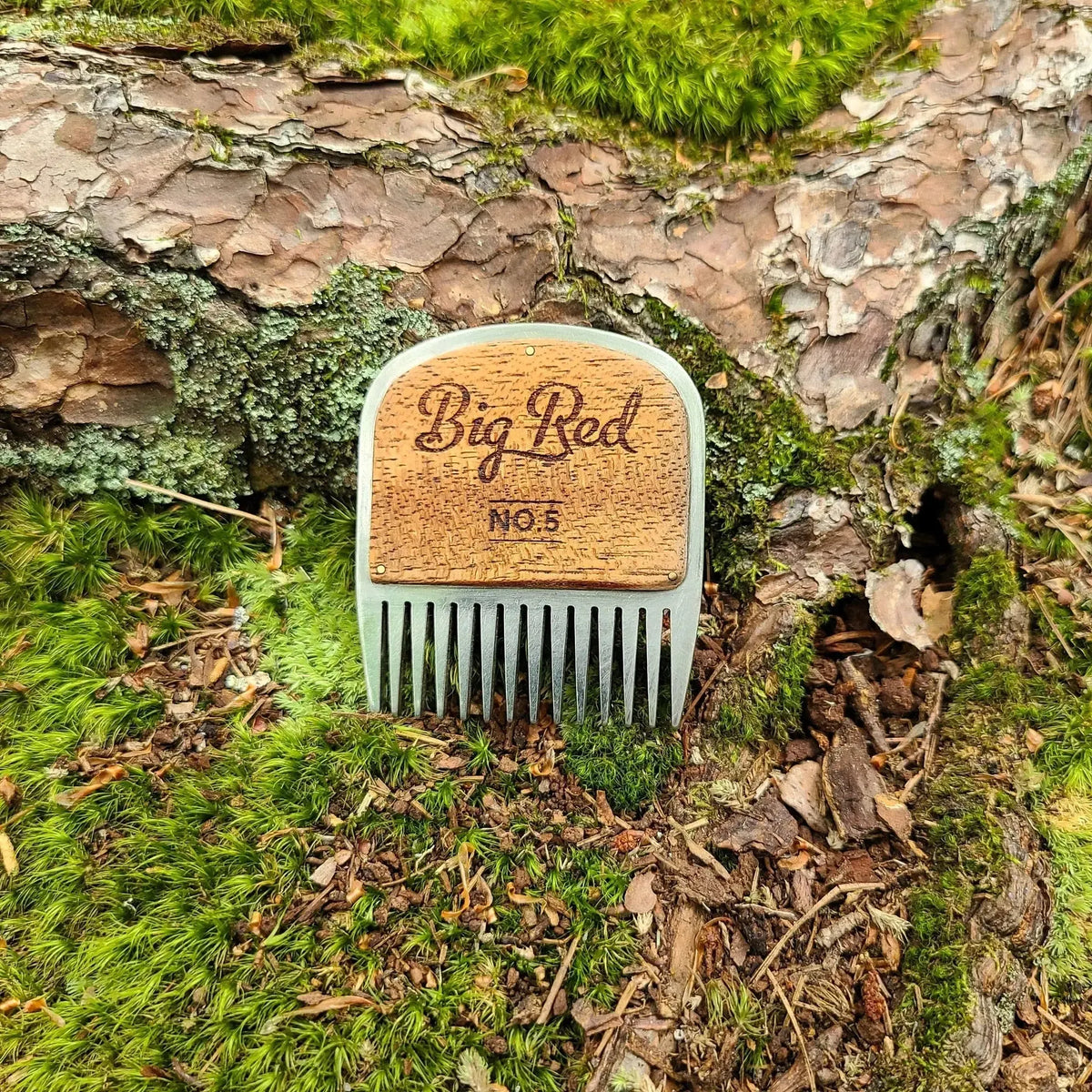 No. 5 stainless steel beard comb with a natural mahogany wood handle