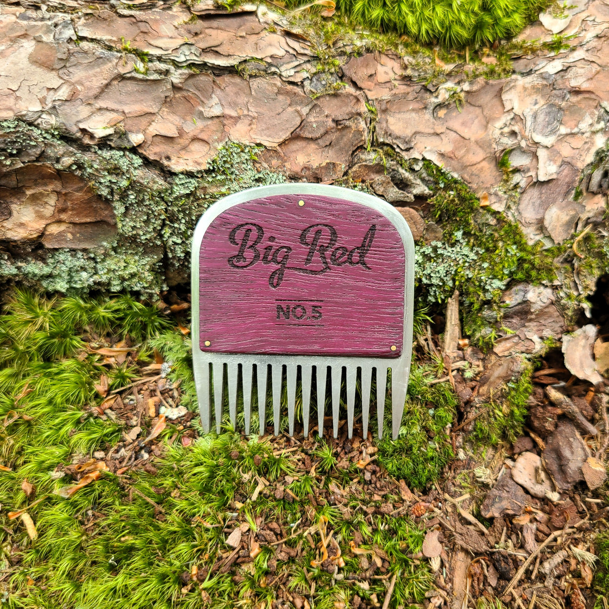 No. 5 stainless steel beard comb with a natural purpleheart wood handle