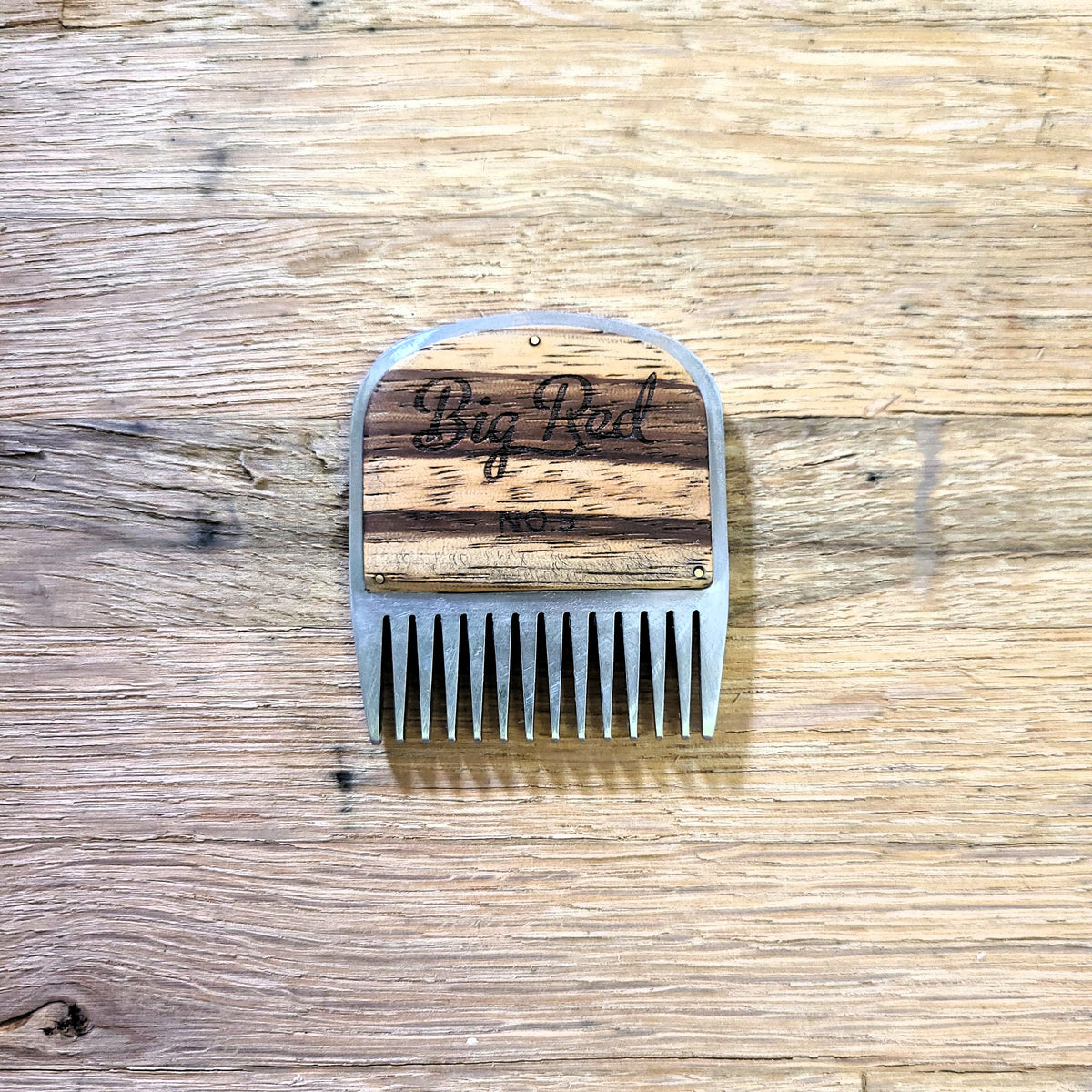 No. 5 stainless steel beard comb with a natural zebrawood wood handle