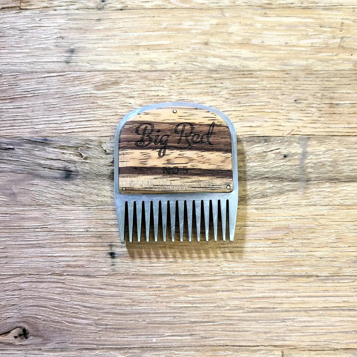 No. 5 stainless steel beard comb with a natural zebrawood wood handle