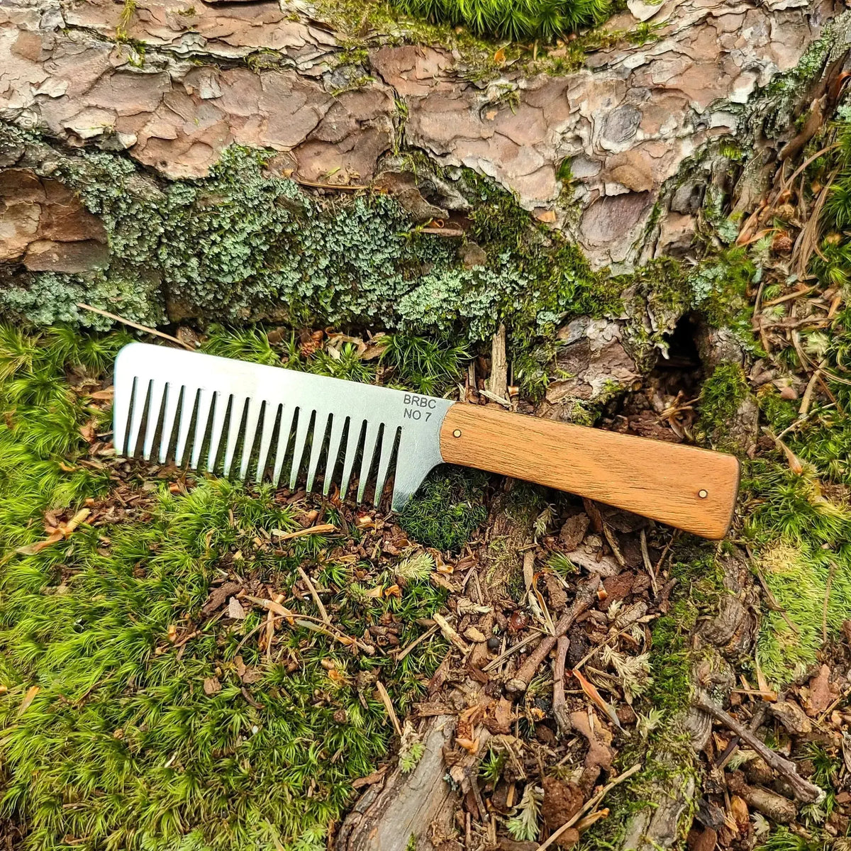 No. 7 stainless steel beard comb with a natural cherry wood handle