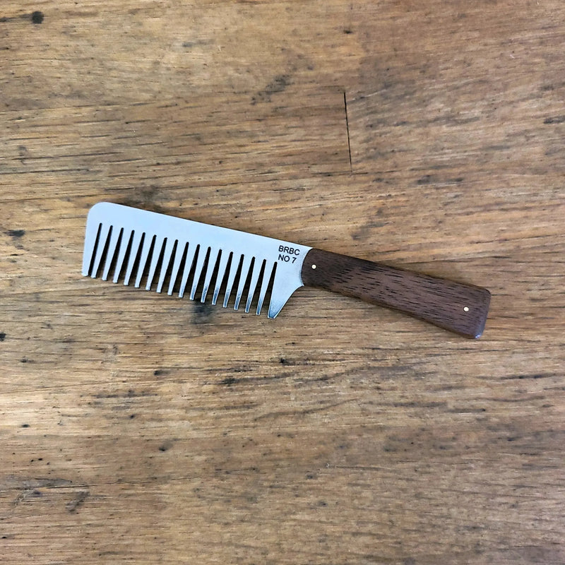 No. 7 stainless steel beard comb with a natural walnut wood handle