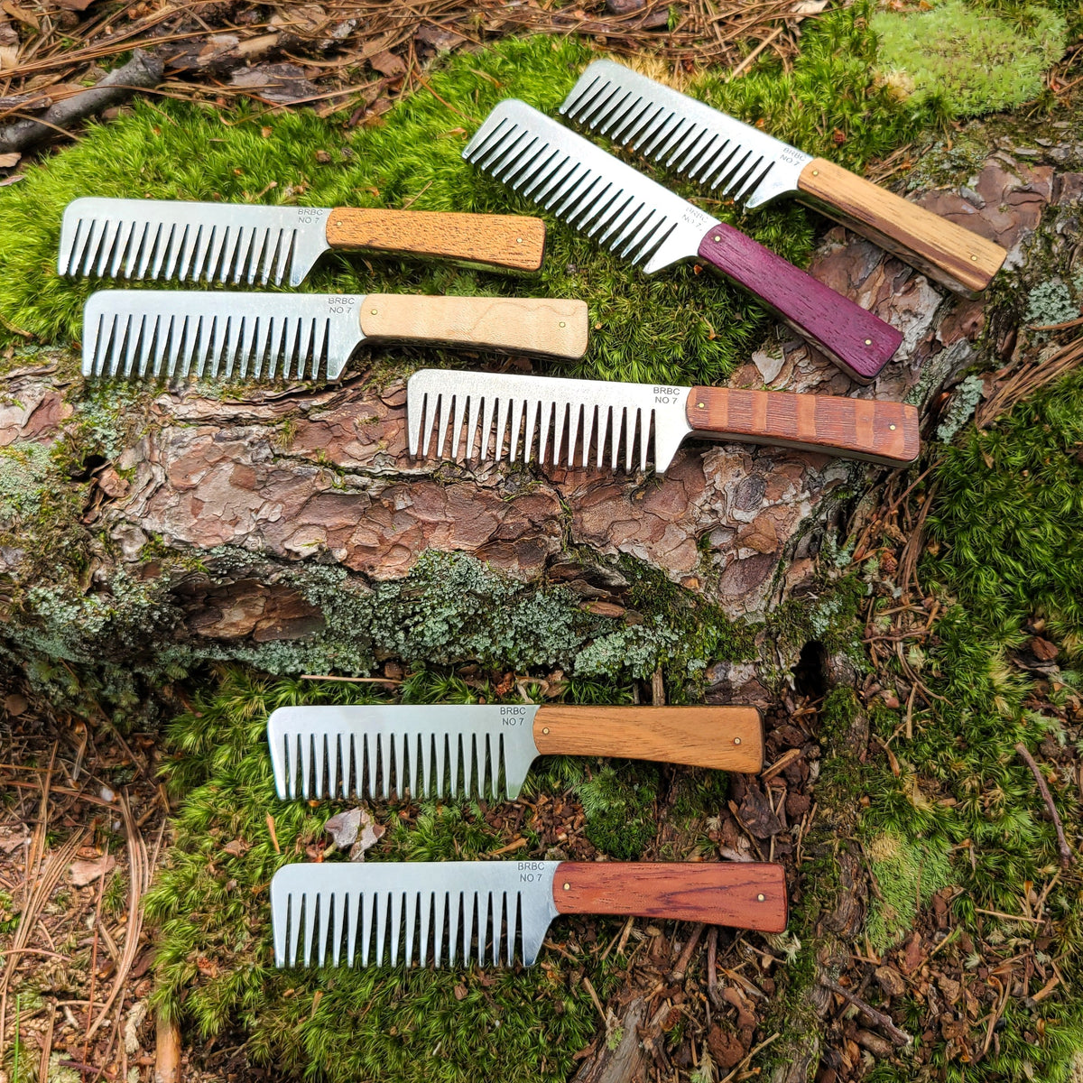 No. 7 stainless steel beard combs with assorted natural wood handles