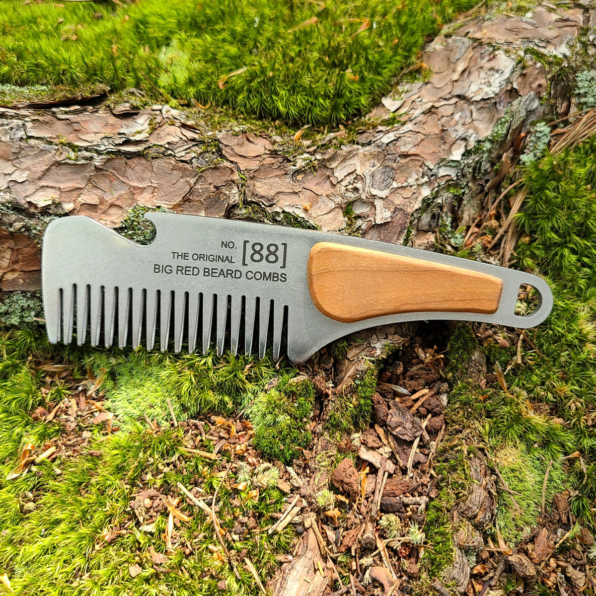 No. 88 stainless steel beard comb with a cedar wood handle