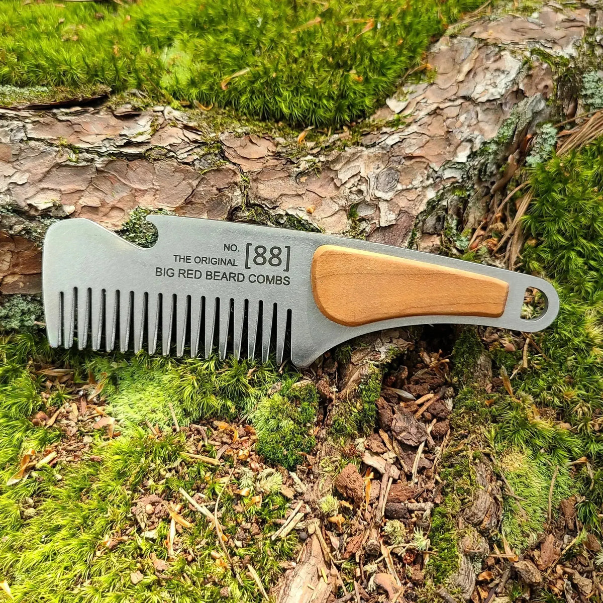 No. 88 stainless steel beard comb with a cedar wood handle