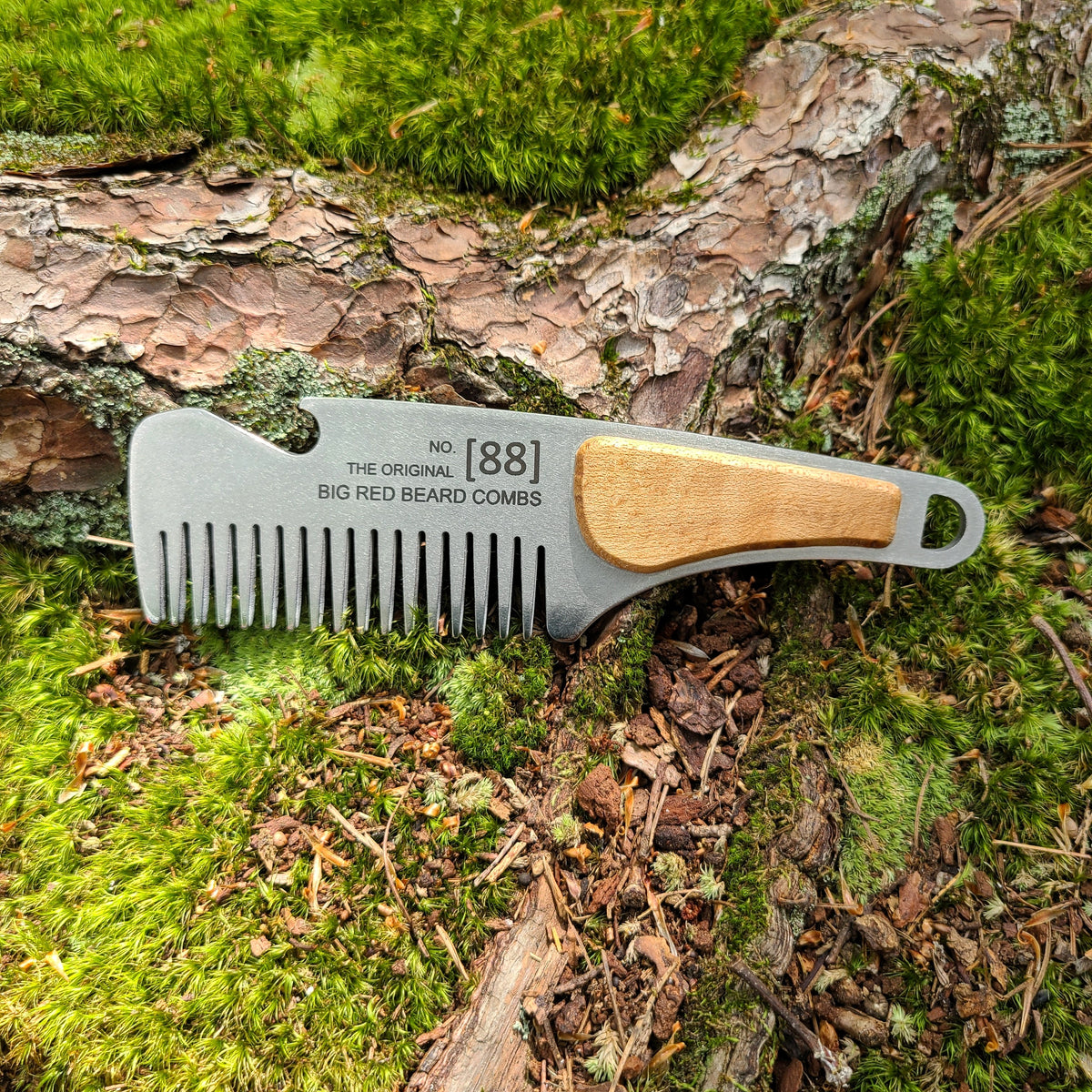 No. 88 stainless steel beard comb with a natural maple wood handle