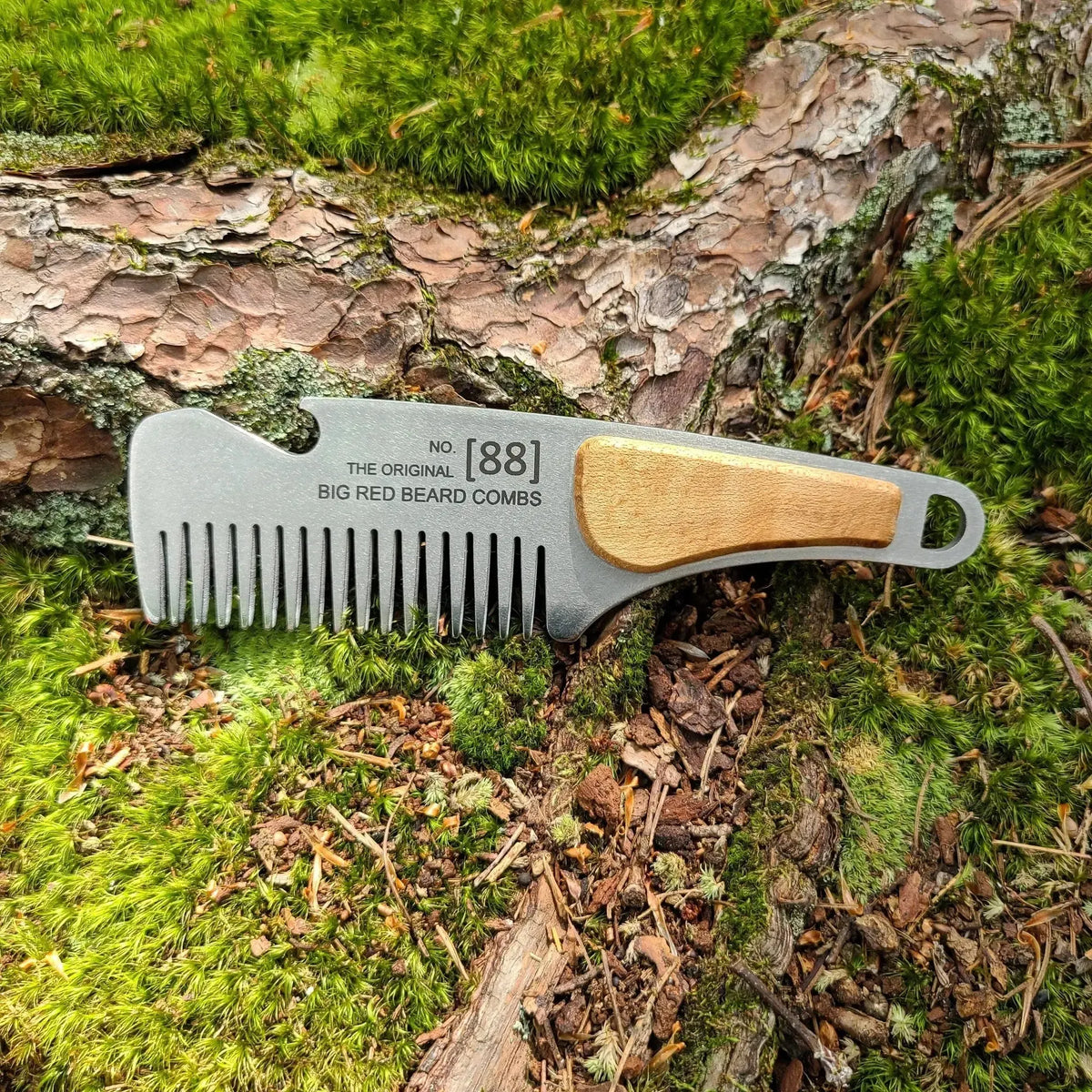 No. 88 stainless steel beard comb with a natural maple wood handle