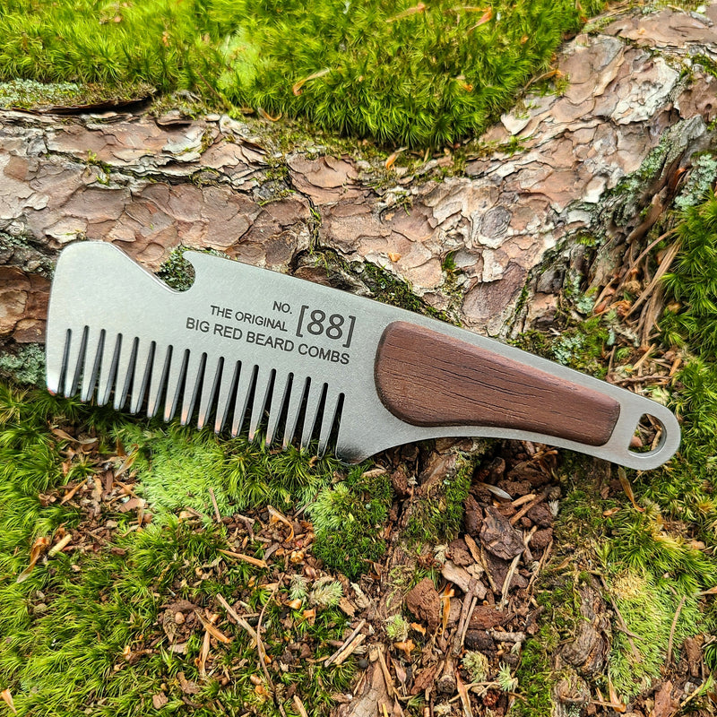 No. 88 stainless steel beard comb with a natural walnut wood handle