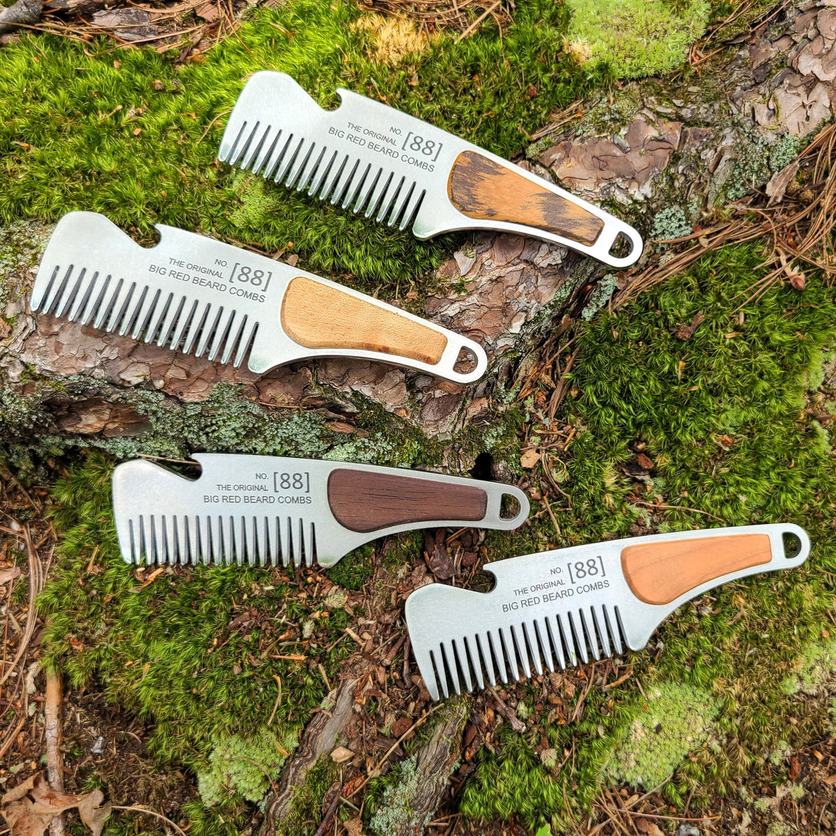 No. 88 stainless steel beard combs with assorted natural wood handles