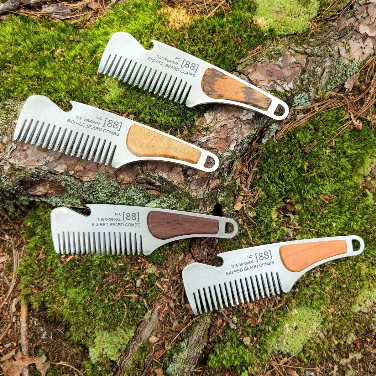 No. 88 stainless steel beard combs with assorted natural wood handles